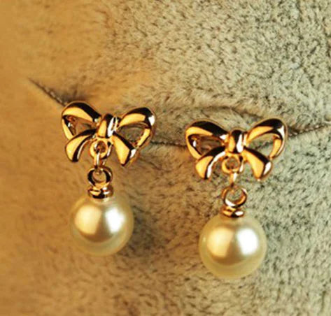 Pearl Drop Earrings with Bowknot Design