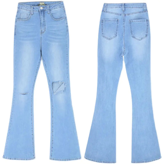 Irregular Hole High-Rise Straight-Leg Micro-Flare Jeans