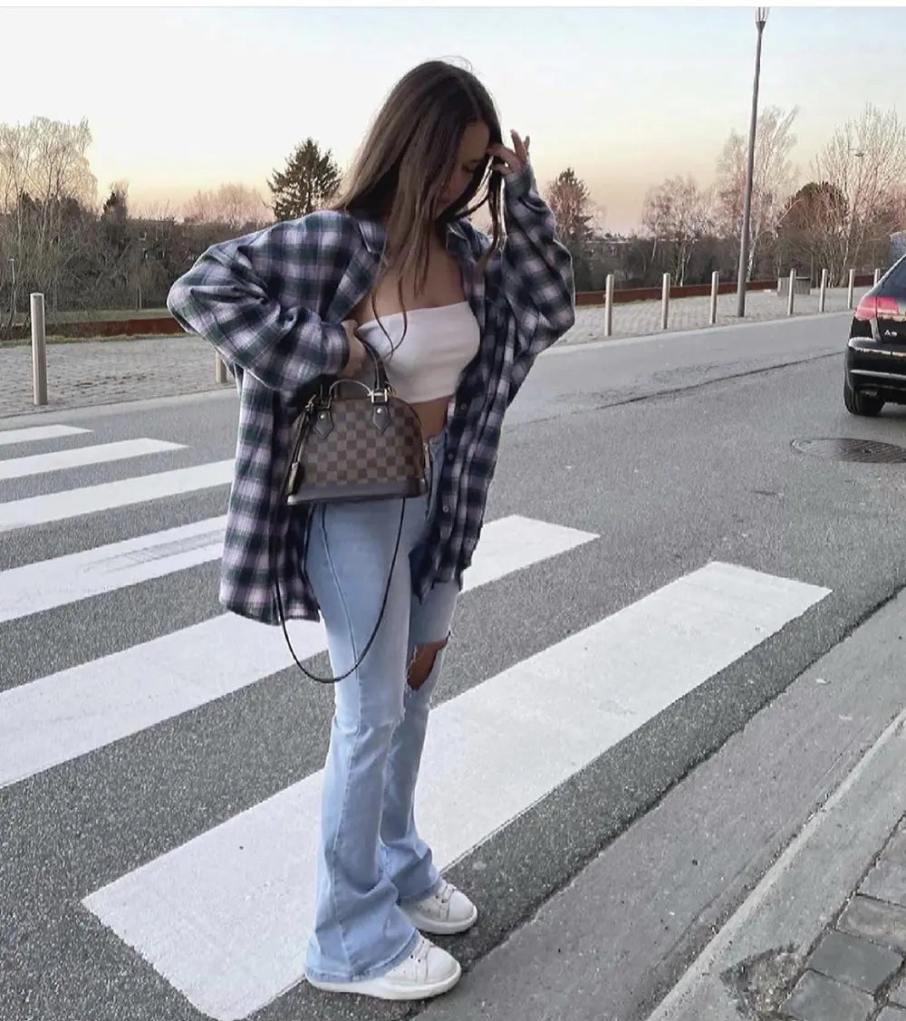 Irregular Hole High-Rise Straight-Leg Micro-Flare Jeans